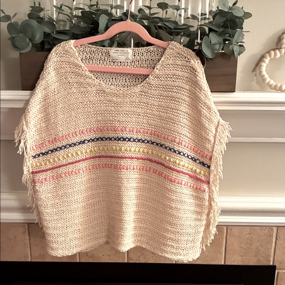 Girls size 6 Zara Cream Poncho with Colorful Stripes